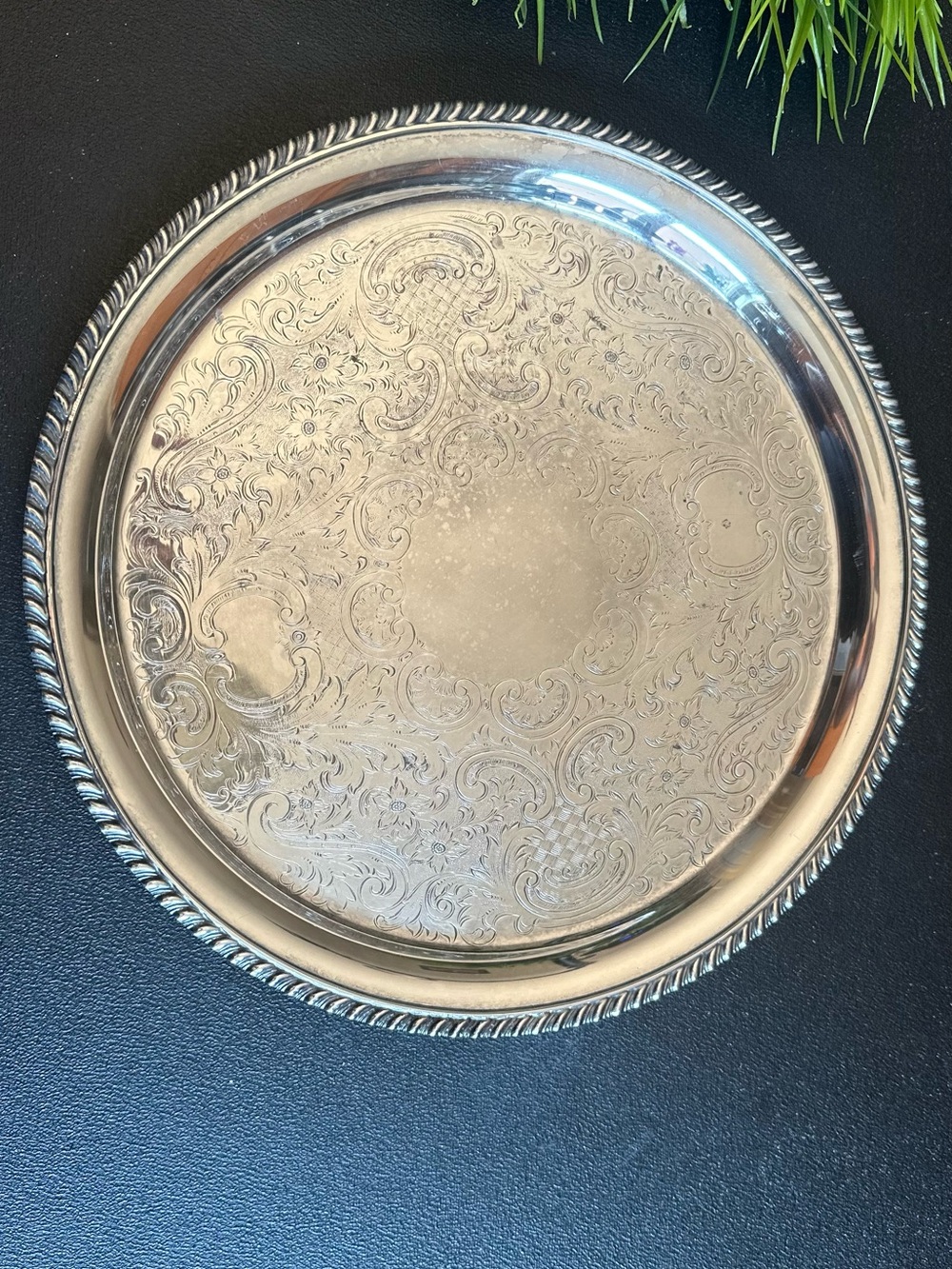 Engraved Round Silver plated Serving Tray